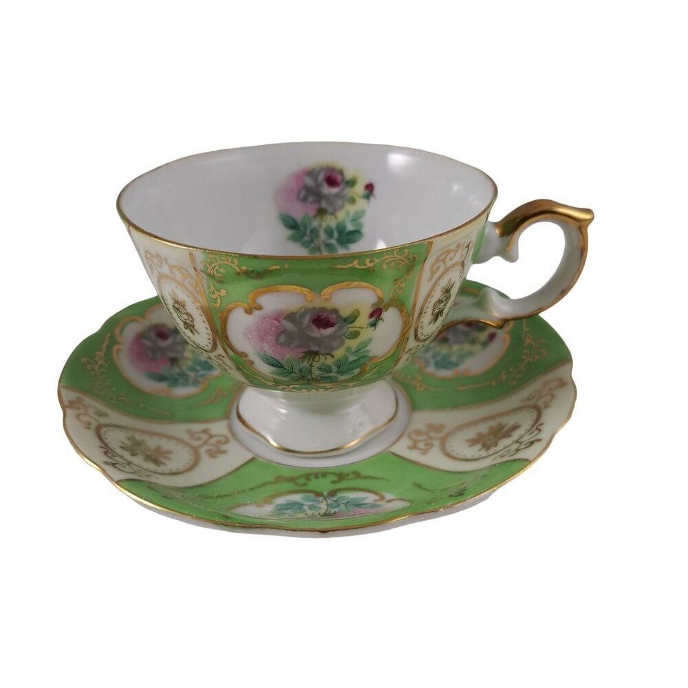 Thames Green Bone China Floral Tea Cup Saucer Gold Trimmed Vintage
